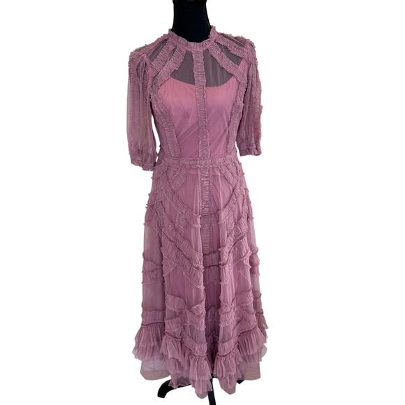 Mac Duggal Pink Mesh Tiered Ruffle Midi Dress SIZE 8 Romantic Designer $700 - Picture 8 of 13